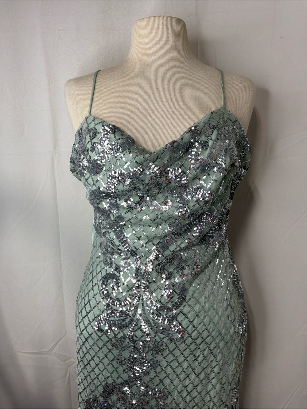 Windsor Sage Green Sequin Cowl Neck Spaghetti Strap Gown